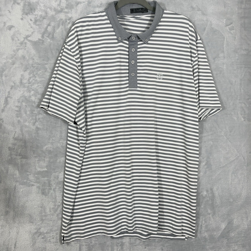 G Fore Shirt Mens 2XL XXL Gray White Striped Polo Golf Performance Stretch READ